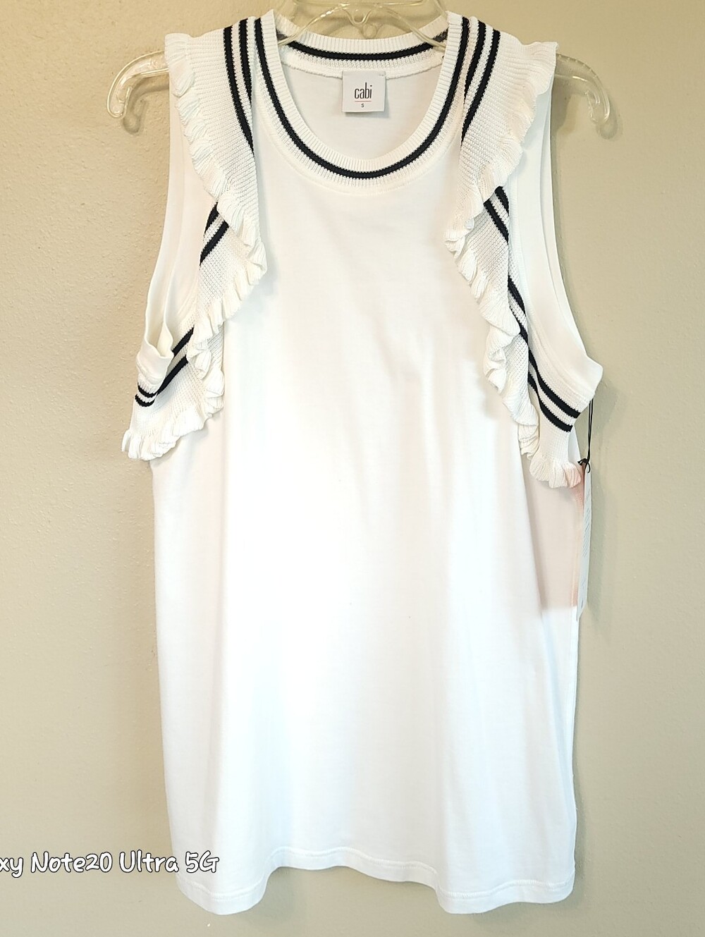Cabi Topspin Tee Ruffle Striped Knit Sleeve Trim Tank White NWT 5199 Small